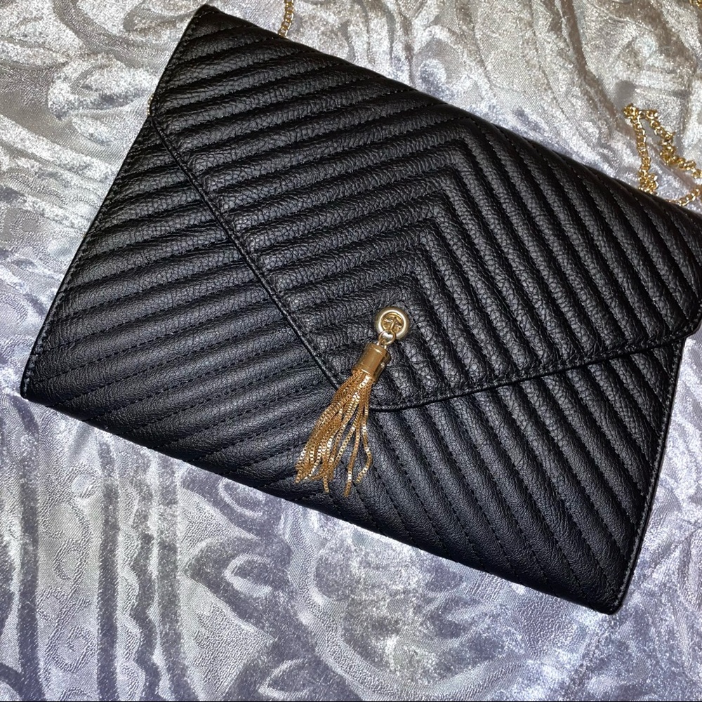 UNAVAILABLE - Black Faux Leather Matelasse Envelope Clutch Crossbody
